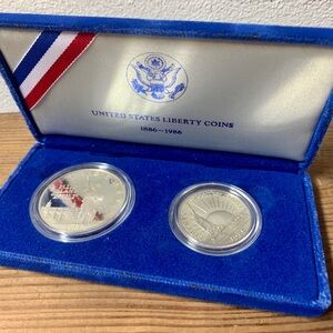 1986-S Ellis Island, 2-COIN Statue of Liberty Proof Set - Silver Dollar + Half